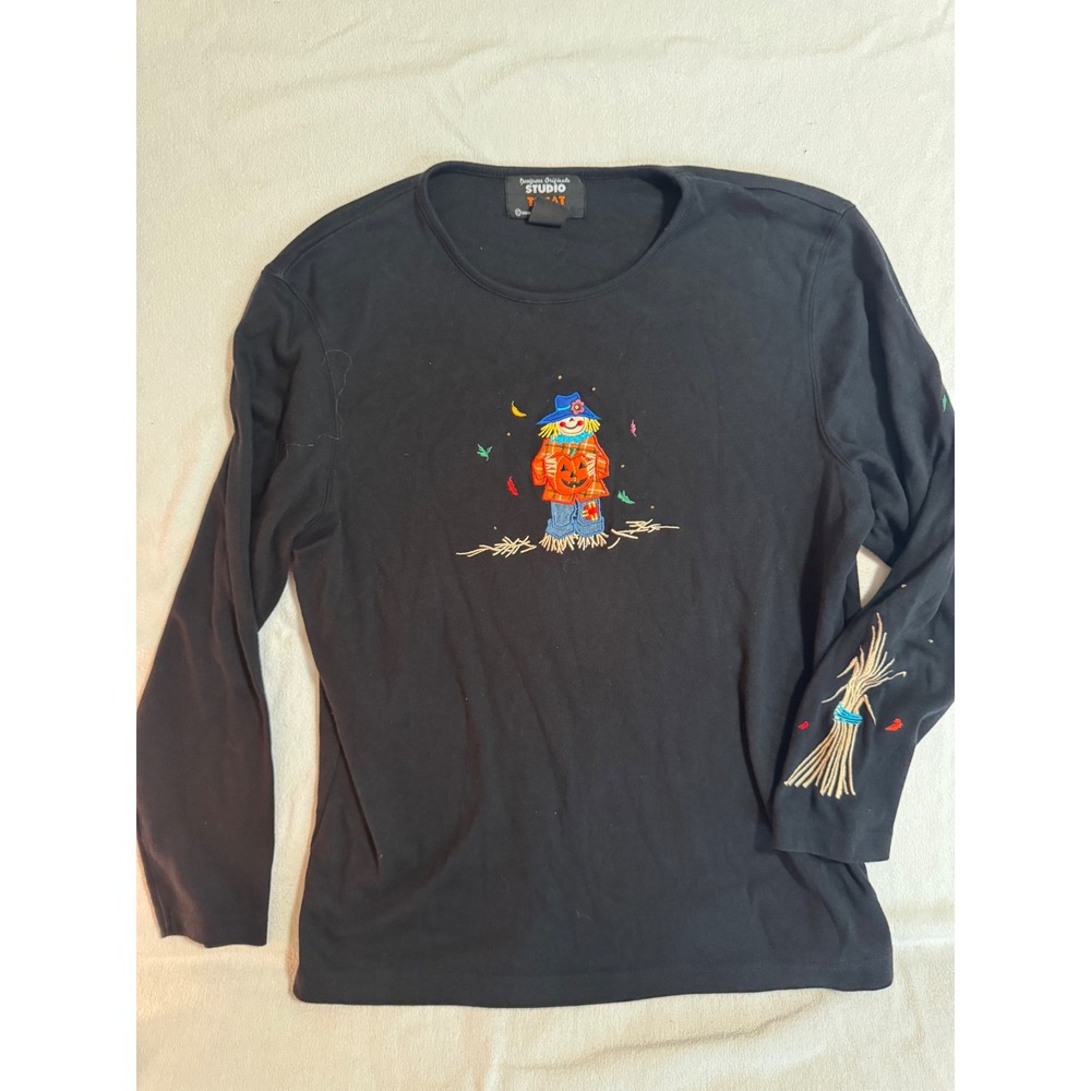 Designers Originals Studio Black Scarecrow Pumpkin Embroidered Long Sleeve Top L